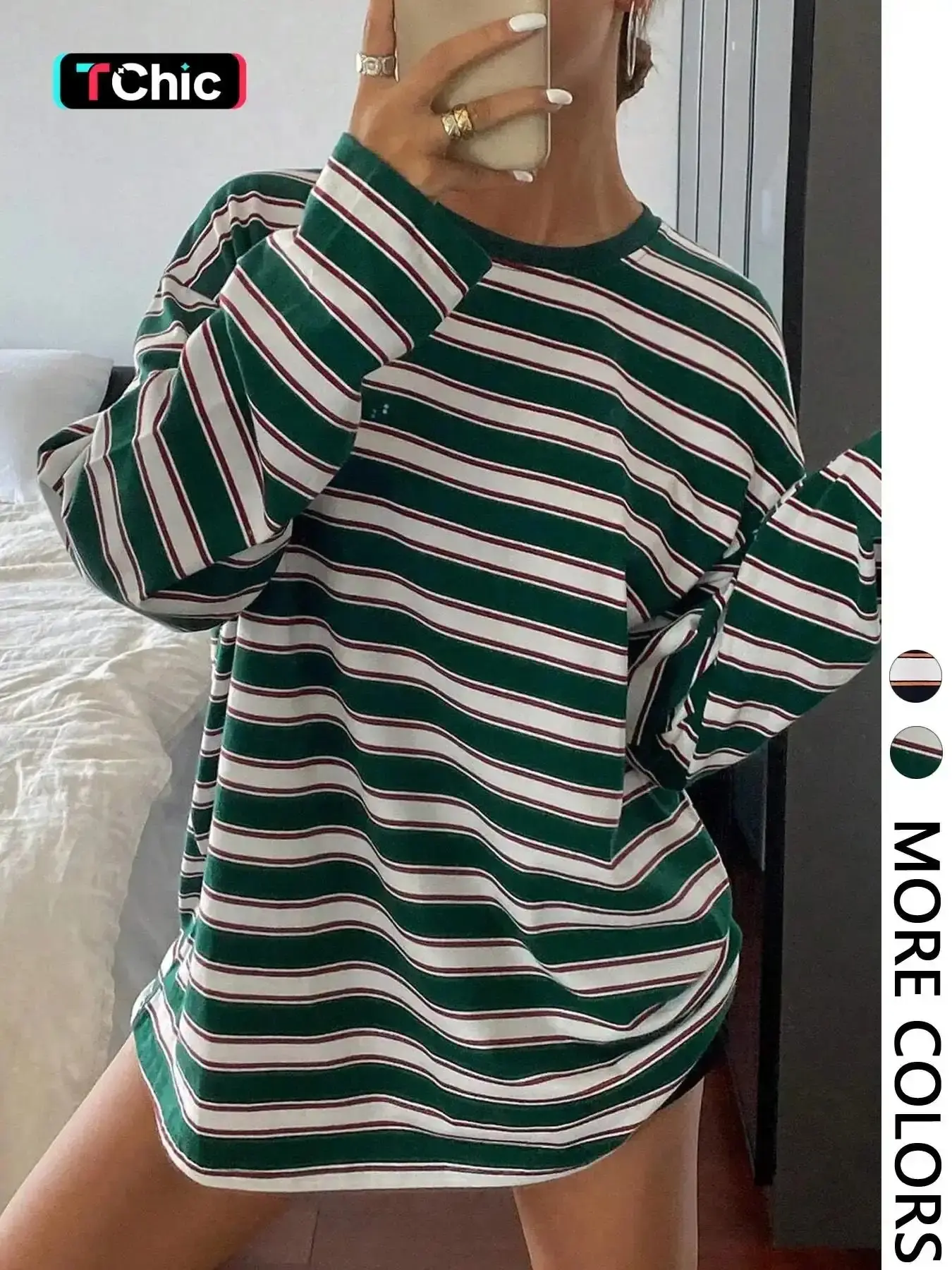 Women's Trendy Striped Long Sleeve Round Neck Loose Fit Oversized Baggy T-Shirt, All Seasons Summer Fashion, Comfortable Casual Wear, Perfect for Daily Use, effortless layering, chic everyday, refined casual