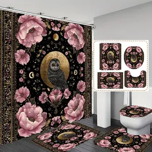 1pc/4pc Owl and Floral Moonlight Art  printed shower curtain, shower curtain set with 12 hooks. The shower curtain set includes a bath mat, U-shaped floor mat, toilet seat cushion, bathroom ac