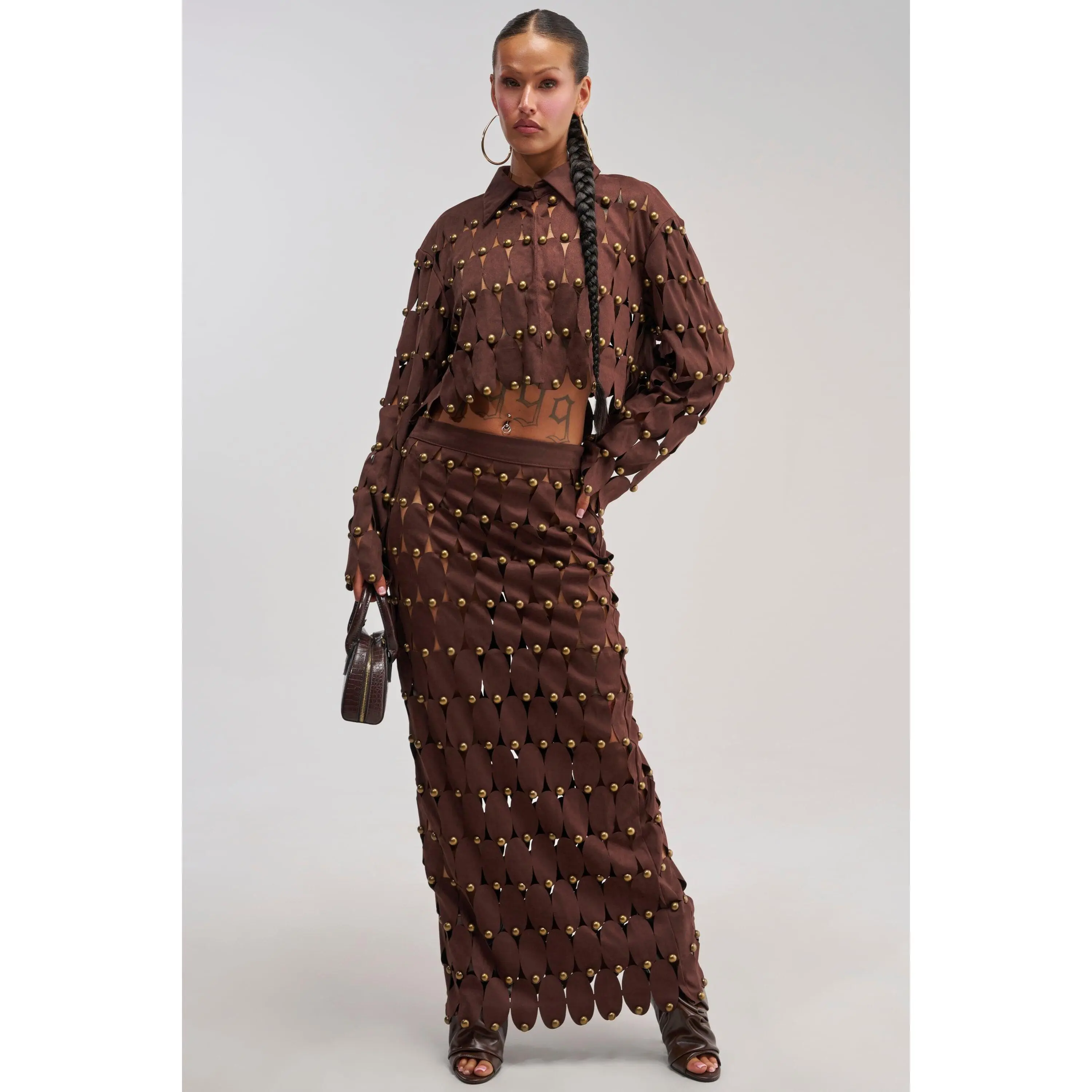 THE SNEAK PEEK STUDDED SUEDE MIDI SKIRT