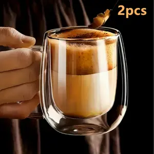 2 Pack High Borosilicate Dual Wall Glass Cups, Heat Resistant Handle Design, Perfect for Coffee Tea Iced Drinks, Durable Transparent Glasses, Thickened Glass Cup, Glass Drinking Cup