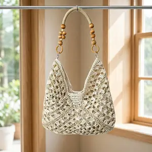 Trendy Handmade Paper Rope Crochet Beach Bag Lightweight Summer Vacation Straw Shoulder Bag with Adjustable Straps for Home Gym Fitness Workout & Summer Vibes