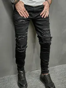 Men's Solid Color Ripped Skinny Jeans, Casual Comfy Denim Pants for Daily Wear, Fashion Men's Bottoms for All Seasons, Cotton