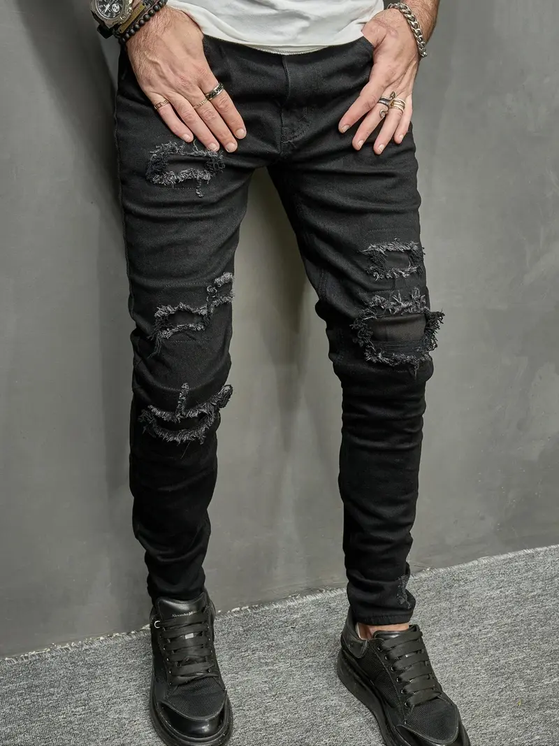 Men's Solid Color Ripped Skinny Jeans, Casual Comfy Denim Pants for Daily Wear, Fashion Men's Bottoms for All Seasons, Cotton