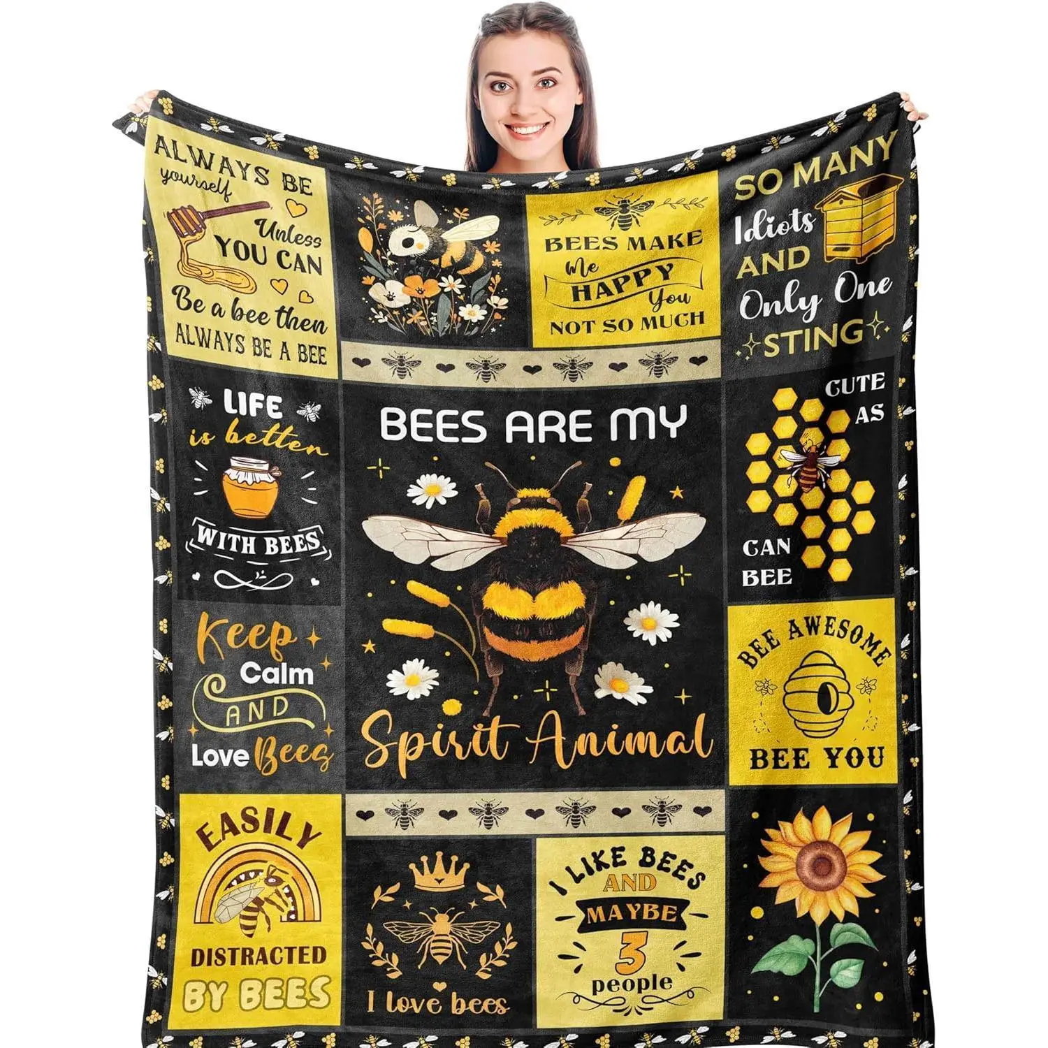 Unique Bee Themed Flannel Throw Blanket - 2026 Valentine’s Day Gift for Women Men Kids, Soft Cozy Blanket for Home Bedroom Sofa Couch Reading Napping Travel Use, Multi-Size Options