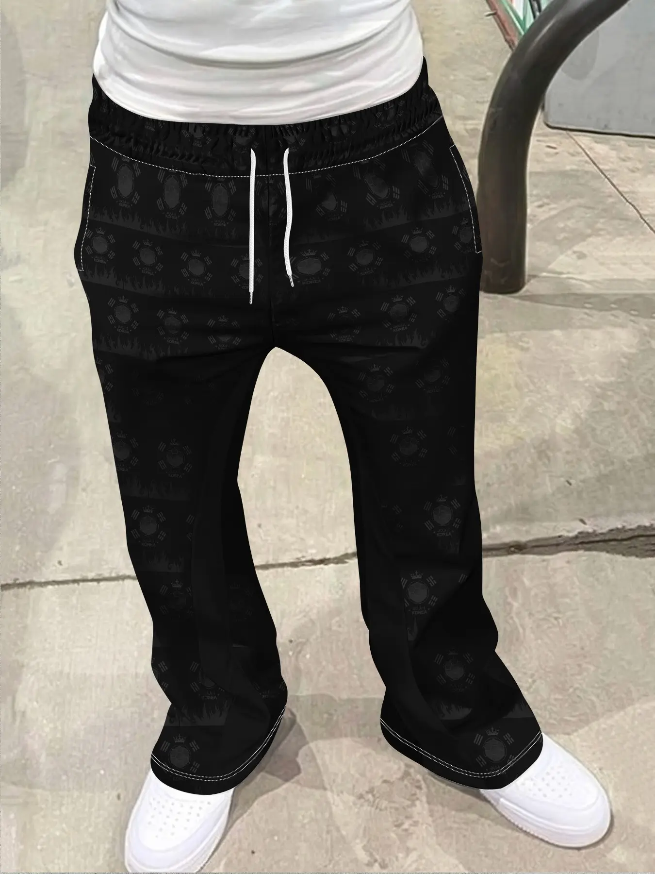 Men's Vintage Distressed Bell Bottom Pants, Geometric Print Drawstring Sportswear, Soft Breathable Lightweight Fabric, Casual Daily Wear, Sweatpants, Breathable Athletic Bottoms