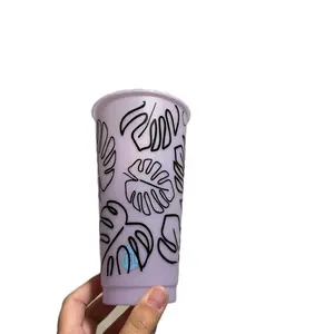Palm leaf color changing cup with straw and lid