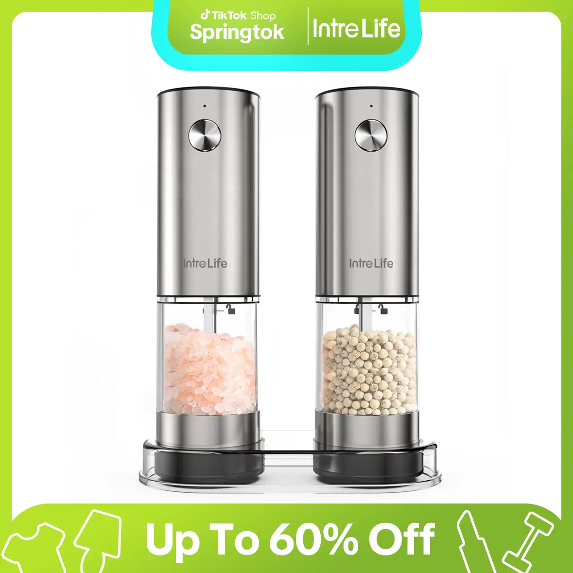 IntreLife Rechargeable Electric Salt and Pepper Grinder Set, Dual-Speed Grinding, 6-level Adjustable Coarseness, LED Light Kitchen Springtok