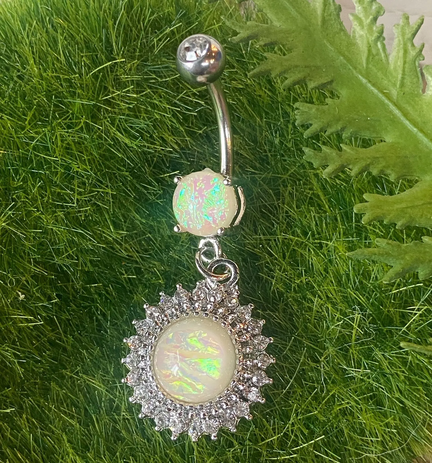 Opal Glitter Center Crystal Shield Dangle Belly Button Ring Navel Naval