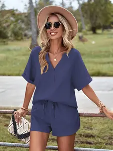Women's V-Neck Textured Zipper Sweater & Belted Waist Shorts Set, Womenswear, Clothes, Casual Fashion, Comfortable and Stylish, Perfect for Daily Wear