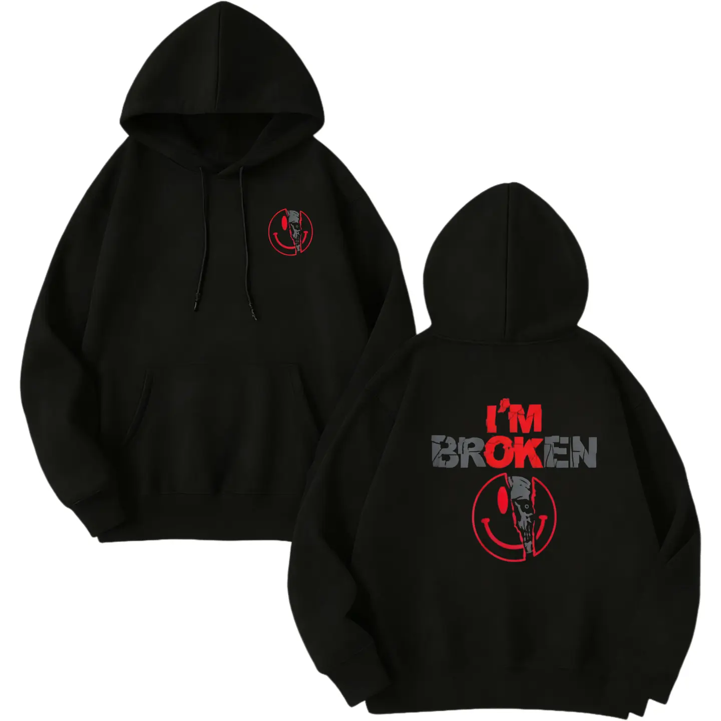 Men's Distressed Biker Hoodie, Soft Cotton Fleece Pullover with Smile Graphic, Oversized Casual Streetwear Fashion Apparel