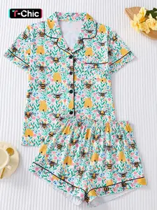 Women's Beehive Print Pajama Set, Short Sleeve Button-Up Top & Elastic Shorts, Casual Homewear, All Seasons, Fitted Style