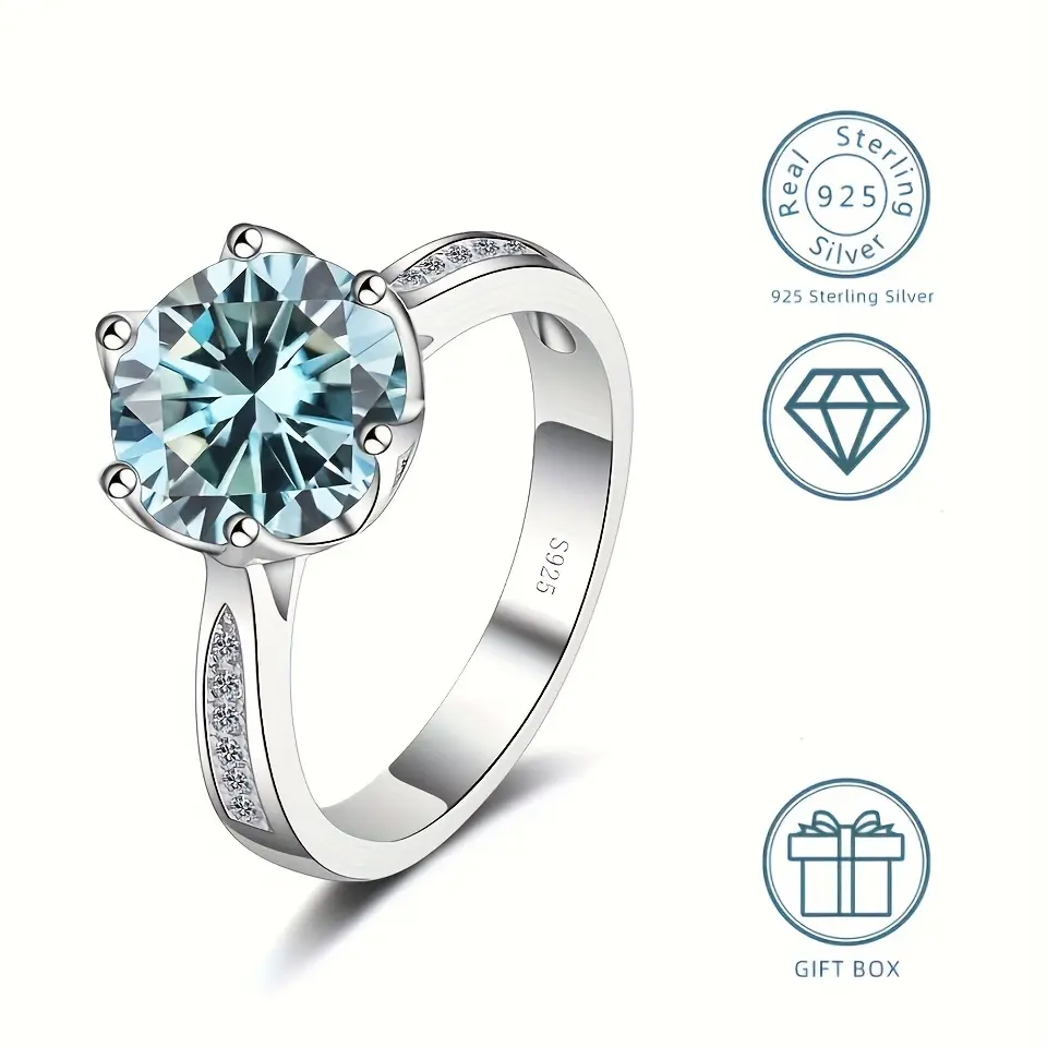 Classic 3ct Solitaire Moissanite Ring in 925 Sterling Silver, Certified Engagement and Wedding Jewelry for Women with Gift Box, Moissanite Rings