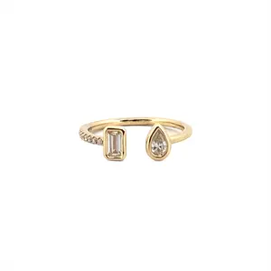 14K Gold Open Pear and Emerald Bezel Diamond Band