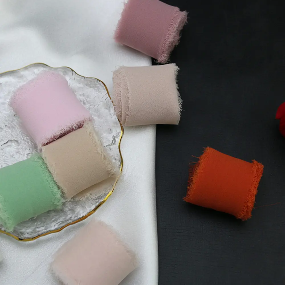 1/3 Roll Chiffon Ribbon - 1.5 Inch x 196.85 inch, Hand-Torn Raw Edge Sheer Fabric Tape for Flower Bouquets, High-Quality Silky Chiffon with Frayed Edges, for INS Wedding Decor, Thin Craft Ribbon, Gift Wrapping, Invitation Christmas Gift Ribbon Set, Weddin