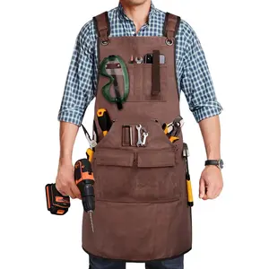 Men's Carpenter Apron, Work Apron 20 Oz Canvas Work Apron with 9 Tool Pockets, Heavy Duty Carpenter Workshop Apron Suitable for Carpenters, Woodworkers, Blacksmiths, Men's Gift, Adjustable to S-3XL, Brown