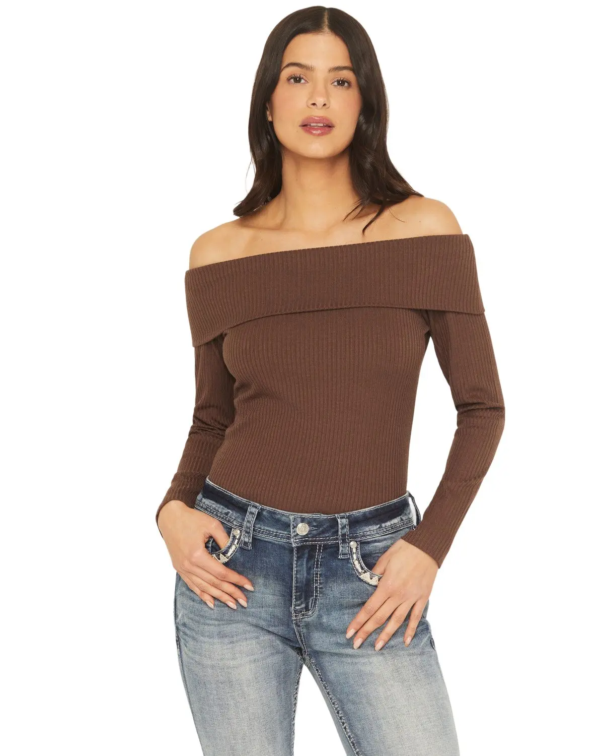Shyanne Women's Women'S Rib Knit Off The Shoulder Long Sleeve Shirt - Swfa25k2-Bn