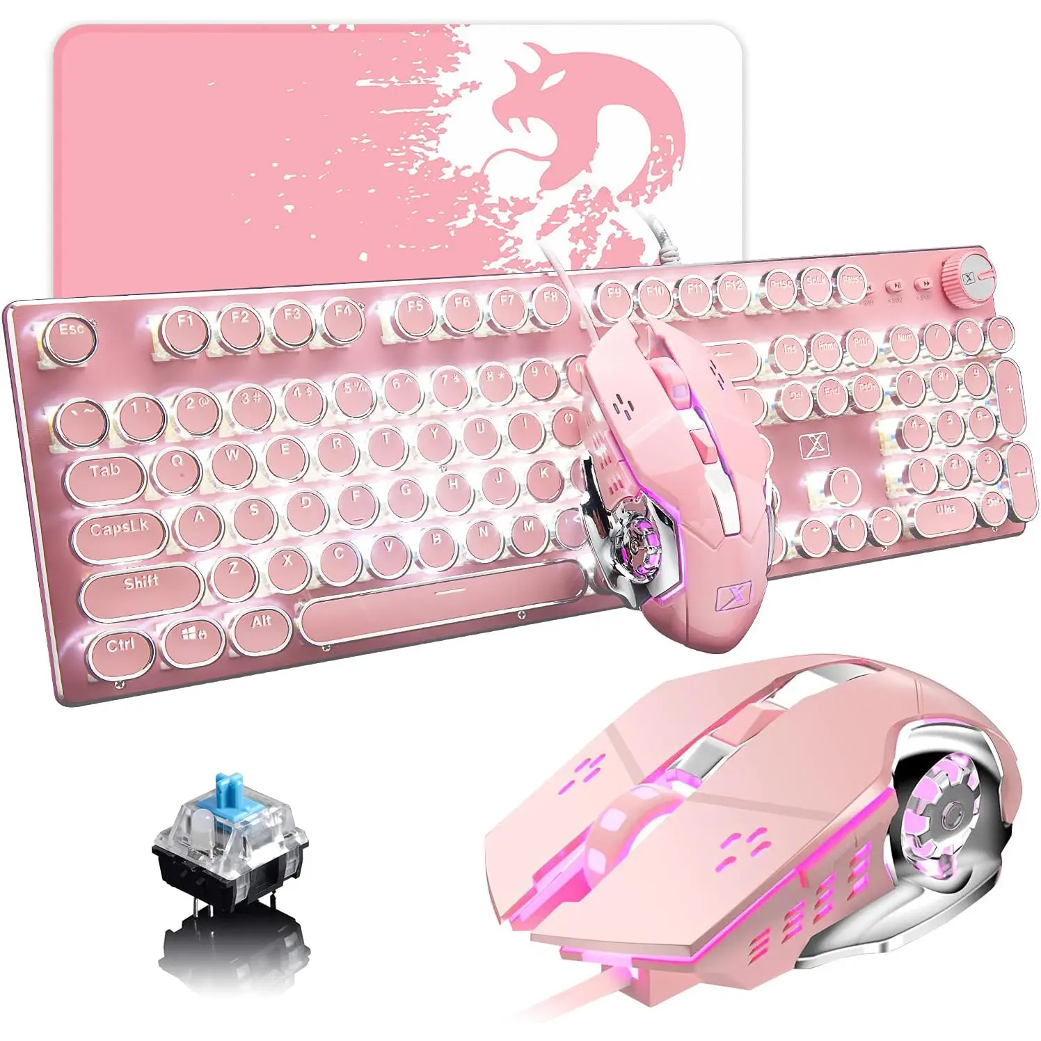 Pink Typewriter Keyboard and Mouse,Retro Vintage Mechanical Gaming Keyboard with White LED Backlit,104 Keys Anti-Ghosting Blue Switch Wired Cute Keyboard,Round Keycaps for Desktop PC/Laptop Mac office desk accessories,summerwins