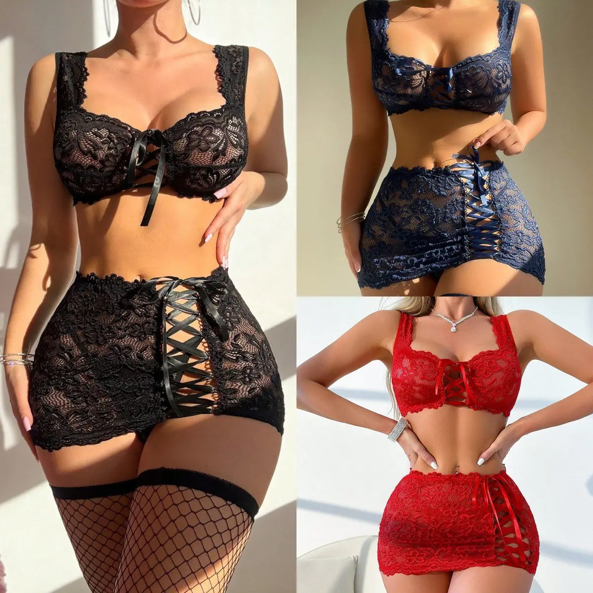 Sexy Lace Floral Tie-Up Patchwork Bra Set -Fun Black Lace Underwear for  Women'sFashionable Fun Attributes - TikTok Shop