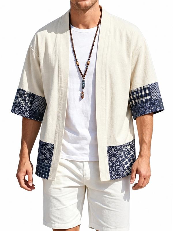 INVACHI Men's Stylish Lightweight Summer Kimono Cardigan - 3-Quarter Sleeves, Open Front Fitted Cotton Blend, Soft Breathable Mens Clothes Top for Casual Outfits