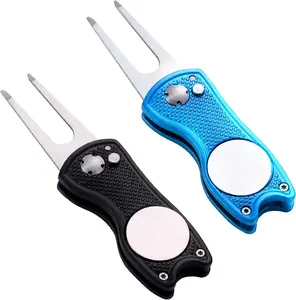 2 Pack Metal Foldable Golf Divot Tool with Pop-up Button &  Ball Marker (Pack of 2, Fish Design)