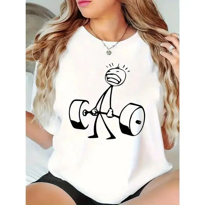Women's Oversized Soft Fabric Summer Short Sleeve T-Shirt - White Streetwear Style Graphic Tee with Dumbbell Design, Cotton, Machine Washable, Suitable for Fitness, Leisure Wear, pxt01