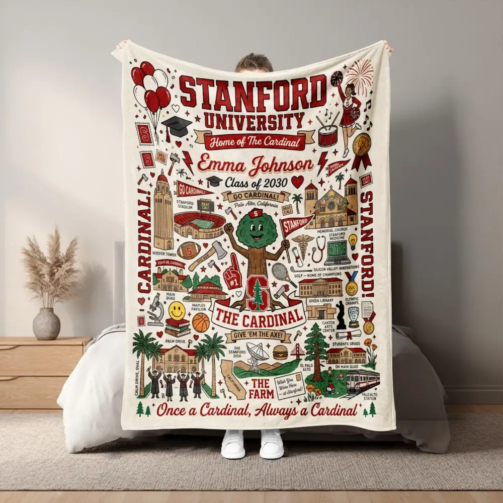 Custom Stanford University Graduation Blanket, Stanford Campus Icon Throw Blanket, "Emma Johnson" Personalized Grad Gift
