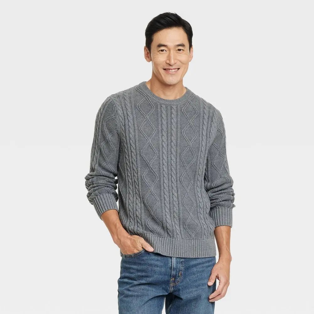 Men's Cable Crewneck Pullover Sweater - Goodfellow & Co Heathered Gray XL