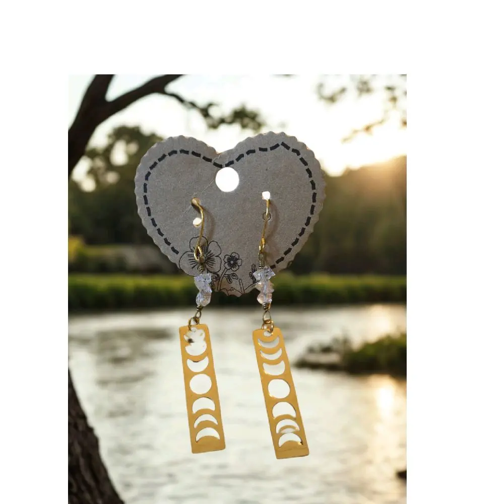 Moon Phases Herkimer Diamond Wire Wrapped Hypoallergenic Dangle Earrings for Sensible Wearers Stainless Steel Moon Phases Charm