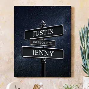 Crossroads Sign Couple's Name and Date on Street Milky Way in the Sky Canvas Prints Love Gift for Anniversary,Wedding,Birthday and Holidays