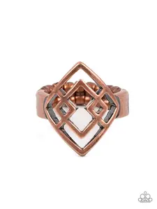 Diamond Duo - Copper Overlapping Diamond-shaped Silhouettes in Optical Illusion Stretchy Ring