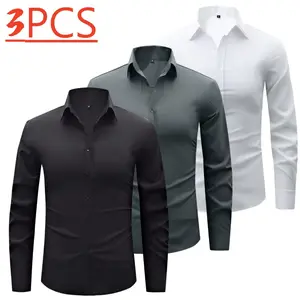 Three solid-color men’s long-sleeve shirts with a notched lapel collar, featuring a classic pointed lapel design that is sharp and well-structured. The button placket adds refined details, and the long-sleeve fit adapts to multiple seasons. Crafted from s