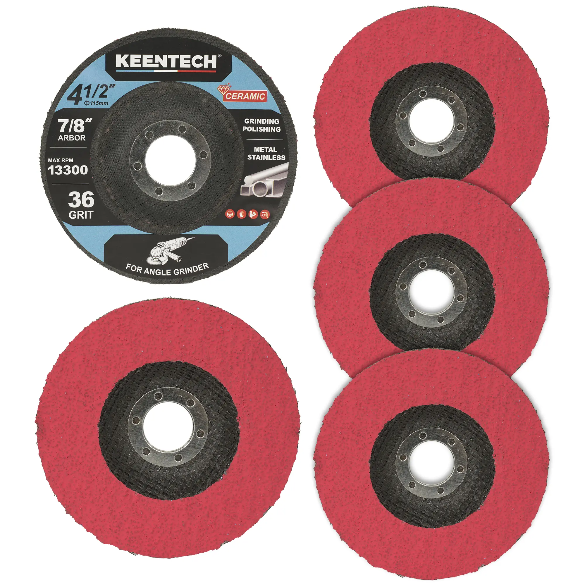 KEENTECH 4-1/2 Inch Ceramic Grinding Discs, 7/8" Arbor, Heavy Duty Reinforced Backing Metal Abrasive Wheels, Fast Cut Rate, 5-Pack Discs, Fits Most Angle Grinders, Long-Lasting for Stainless Steel Weld Grinding, Rust Removal