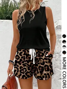 Women's Fashion Vest + Leopard Print Shorts Set, Casual Loose Fit Home Wear, 2 Piece for Daily Use Women's Fashion Vest + Leopard Print Shorts Set, Casual Loose Fit Home Wear, 2 Piece for Daily Use