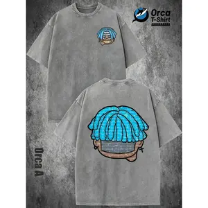230G Men Washed Cotton Blue Dreads Cartoon Character Y2K American Vintage Street Style Outdoor Sports Fitness Casual Wear Summer Gift Idea