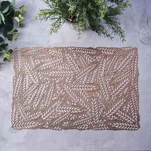 6-Pack Vinyl Rectangle Table Mats 12"x18" Wheat Design Rose Gold - Metallic Non-Slip Surface