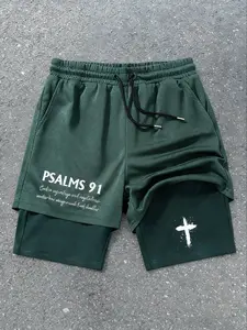 Men's Psalms 91 2-In-1 Christian Shorts, Cross Print Bible Verse, Elastic Waist Drawstring, Quick-Dry Hiking Shorts, Sporty Style