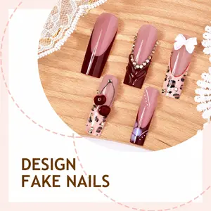 Reusable Press-On Nails, Long-Lasting Stick-On Fake Nails Kit with Red Cherry & 3D Bow Rhinestone Design, Multi Colored Manicure for Women, Multi Colored Nails