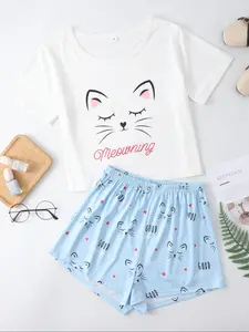 Women's Two-Piece Cat Print Pajamas Set, Short Sleeve Shorts Loungewear, Comfortable Loose Fit Casual Home Wear, All Season