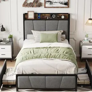 Twin XL Size Bed Frame with Upholstered Headboard, Twin Size Platform Bed Frame with Built-in Charging Station & 2 Drawers Storage, Heavy Duty, No Box Spring Needed, Easy Assembly, Noise Free