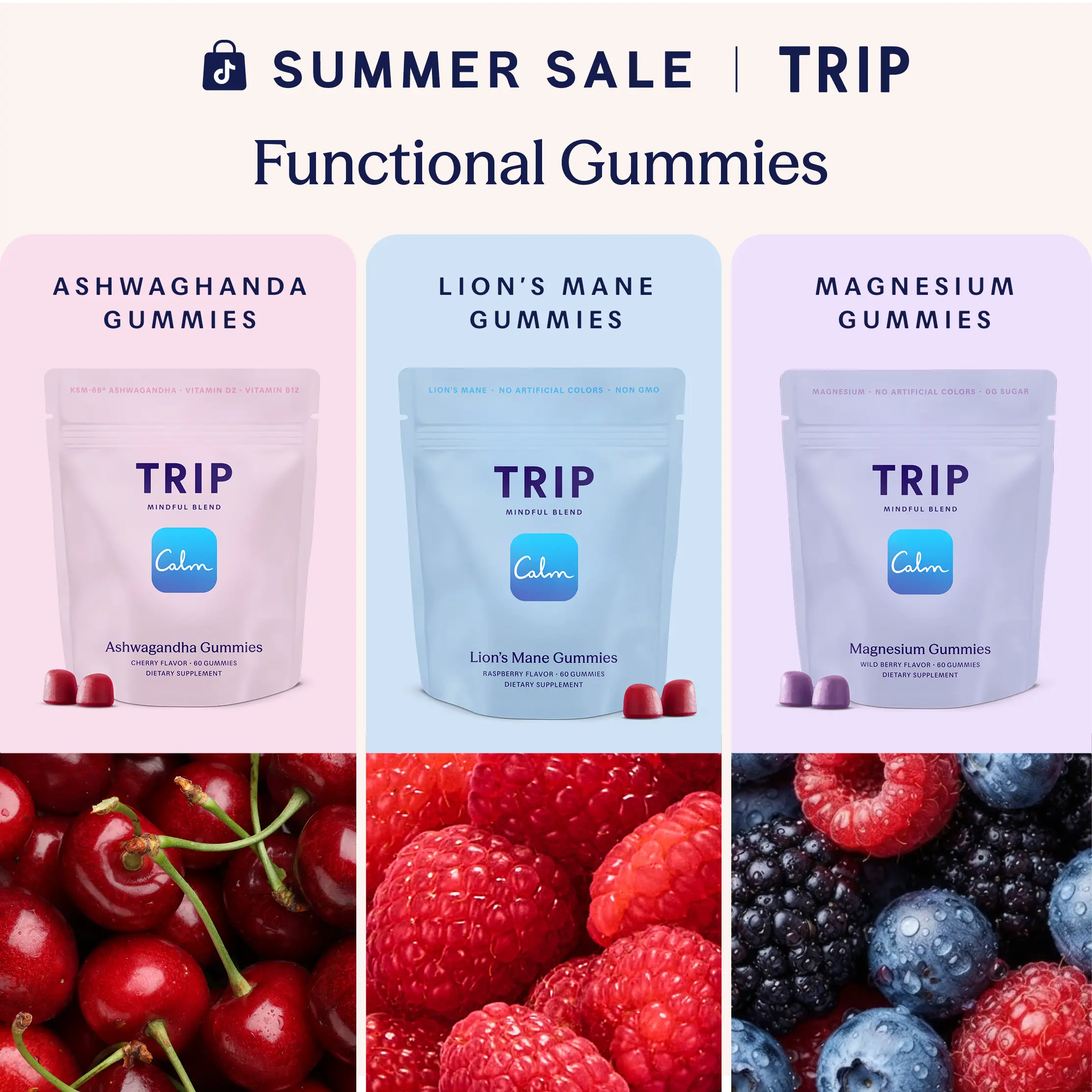TRIP Functional Gummies — Choose between Magnesium: Calm, Ashwagandha: Stress Support & Lion's Mane: Focus, Vegan, Sugar-Free, 30-Day Supply (60 Gummies)