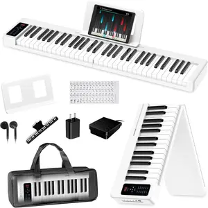 Folding Piano Keyboard, 61   Electric Piano, Semi-Weighted Portable Electric Keyboard with  MIDI, Digital Foldable Keyboard for Beginners(White)
