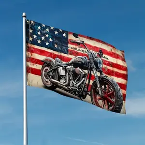 Motorcycle Welcome Flag - A patriotic American flag design adorned with a classic motorcycle motif. Made of durable polyester, it's suitable for both indoor and outdoor décor and is ideal for living rooms and legal settings.