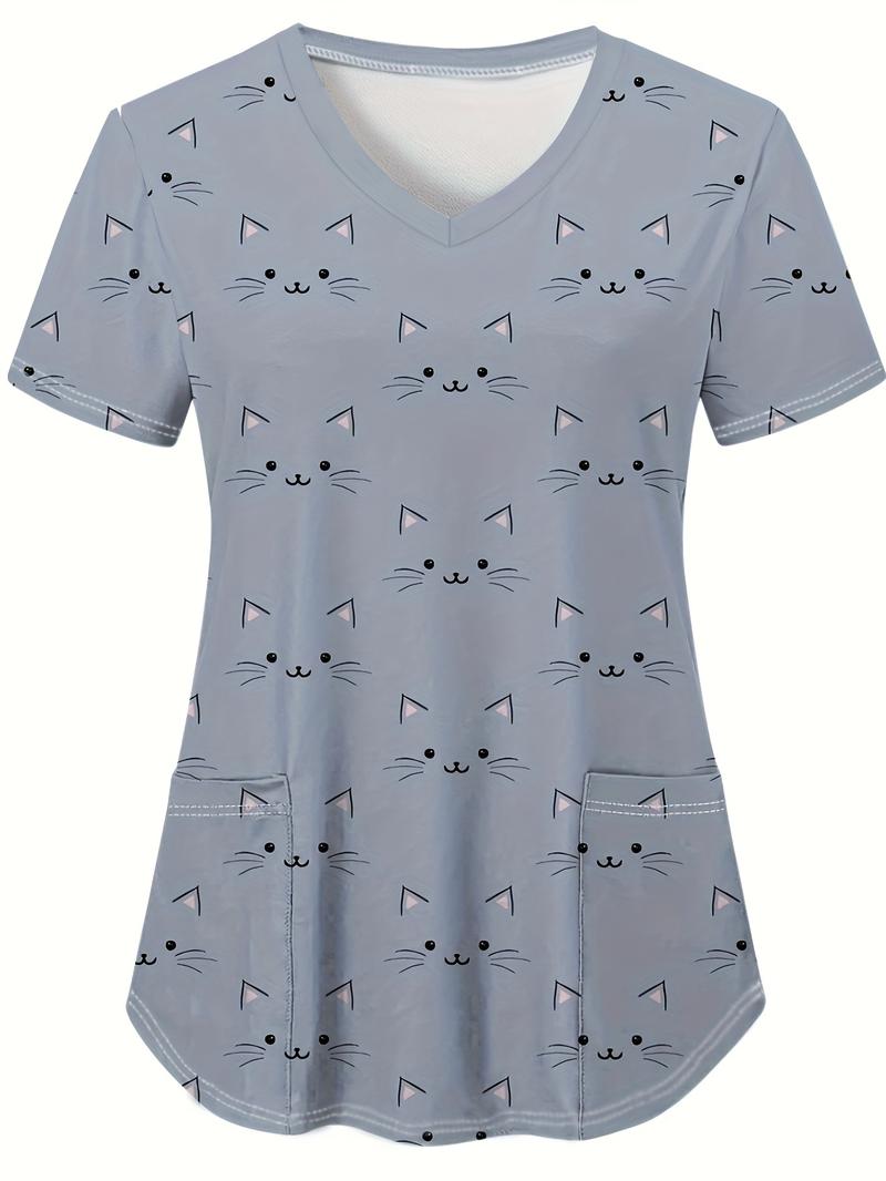 Medical Uniform for Women cute Cat and Dog Print V-Neck Clinical Uniform Short Sleeve Patch Pocket Tops Surgical Uniforms Woman