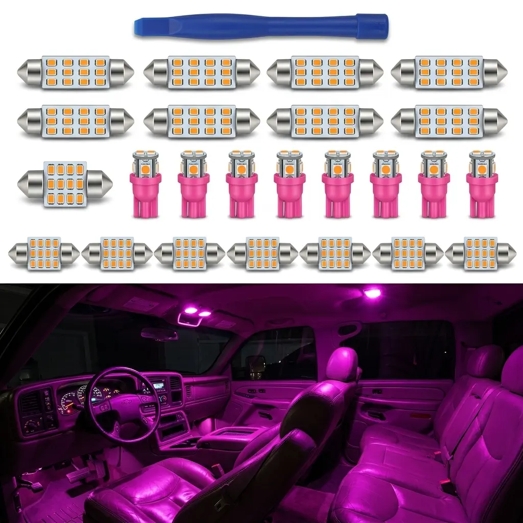 24-Piece Pink Dome LED Car Bulb Kit - T10, 31mm, 42mm Festoon Bulbs, Dashboard Component, Interior Lights Replacement, Cars Accessories, Auto Parts for Map/Door Use, Led Car Lights