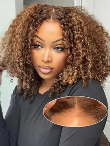 Wear and Go Glueless Curly Bob Wig,Ombre Highlight 4/27 Kinkycurly Wigs Pre Cut Transparent Lace Wig human hair Pre Plucked,Natural Hairline for Women 180% Density 12 inch