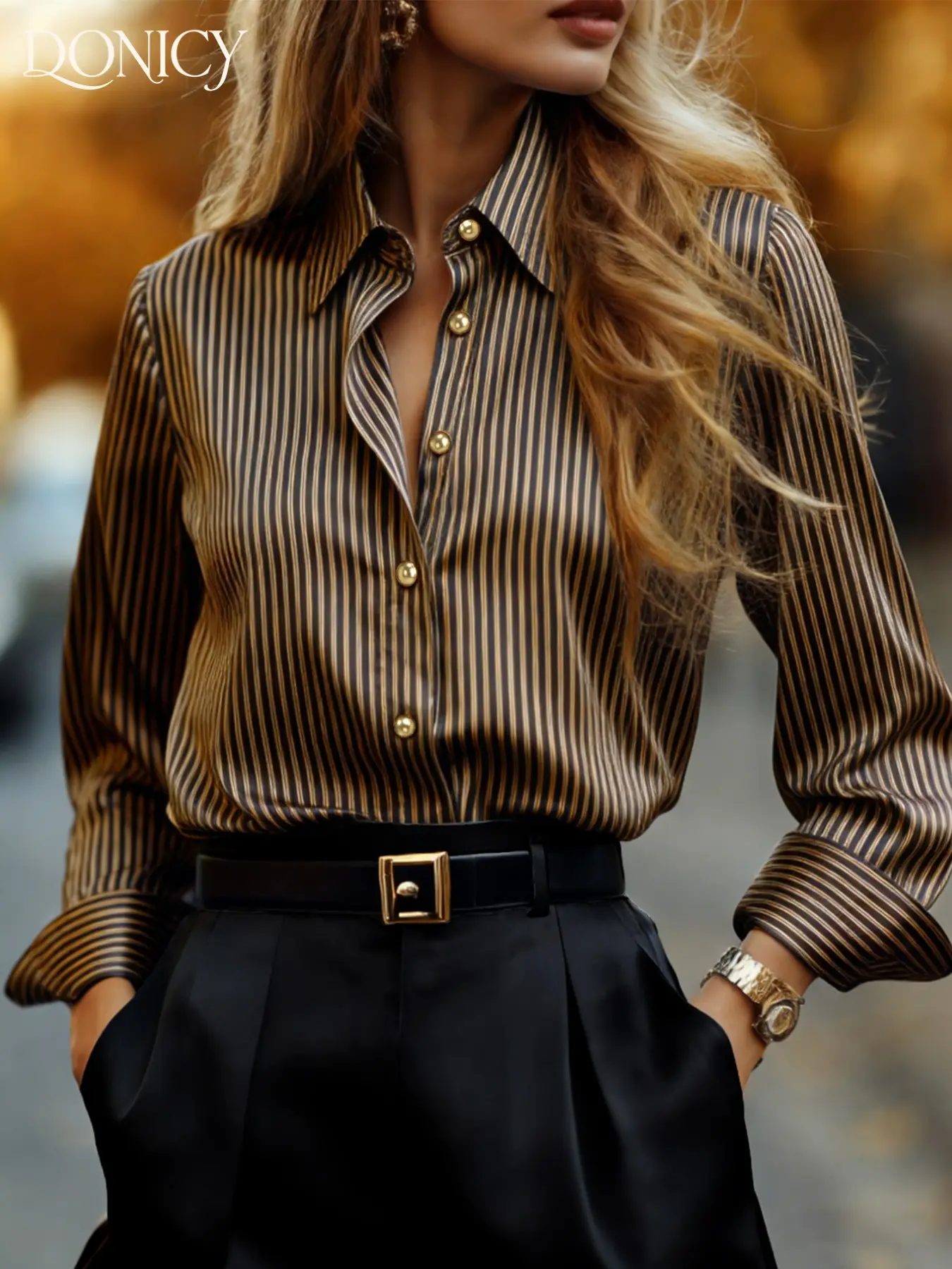 Women's Striped Satin Shirt Blouse Top Long Sleeve French Chic Casual Style Elegance Vibe, Smooth Drape, Slight Stretch, Anti-Wrinkle, Slimming, Perfect for Office Commute, Dates, Parties