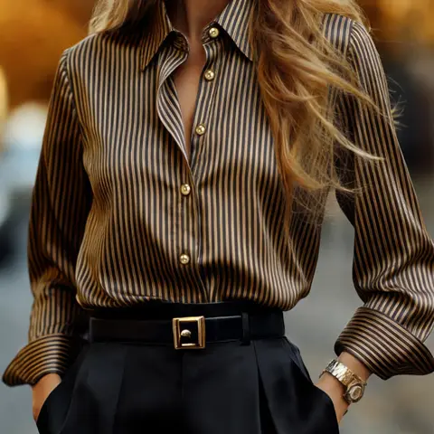 Women's Striped Satin Blouse Shirt, Long Sleeve French Chic Elegant Top, Smooth Drape with Slight Stretch, Anti-Wrinkle & Slimming, Perfect for Office Commute, Dates & Parties