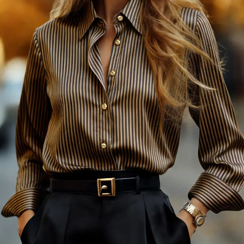 Women's Striped Satin Blouse Shirt, Long Sleeve French Chic Elegant Top, Smooth Drape with Slight Stretch, Anti-Wrinkle & Slimming, Perfect for Office Commute, Dates & Parties