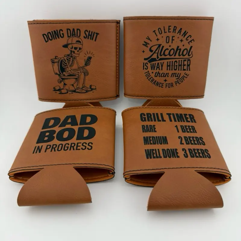 Leather Engraved 12oz Can Koozies - Dad Bod in Progress & Grill Timer Designs - Unique Drink Coolers with Funny Sayings