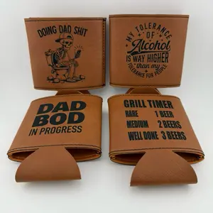 Leather Engraved 12oz Can Koozies - Dad Bod in Progress & Grill Timer Designs - Unique Drink Coolers with Funny Sayings